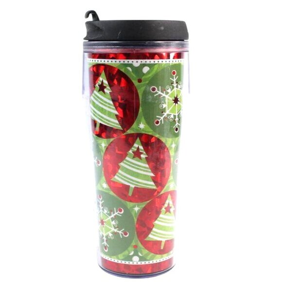 Starbucks Other - VTG Starbucks 2009 Green Red Foil Christmas Tree Traveler Tumbler 16 oz Coffee